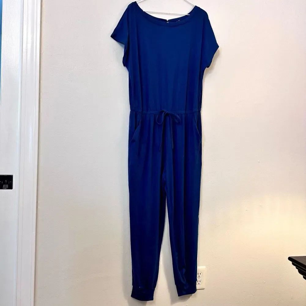 Pretty Garden Short Sleeve Elastic Drawstring Waist Jogger Jumpsuit Blue XL